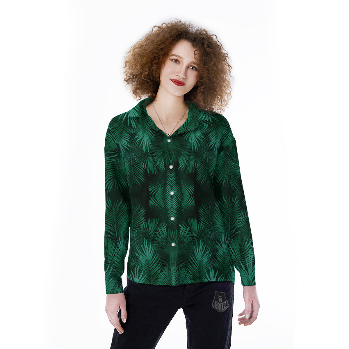 Palm Leaf Tropical Print Pattern Women's Long Sleeve Shirts-grizzshop