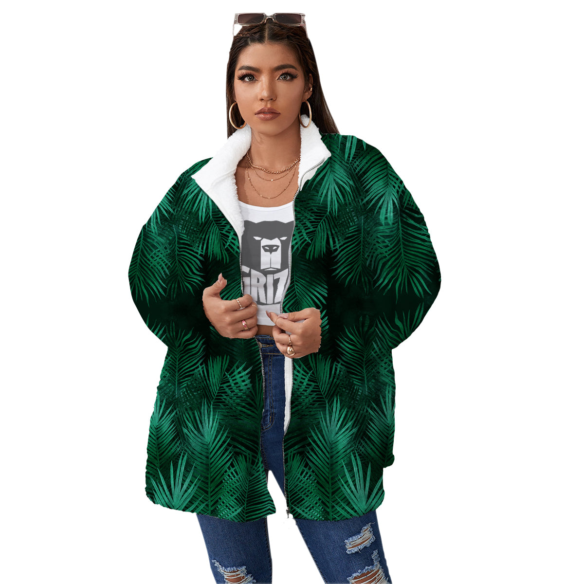 Palm Leaf Tropical Print Pattern Women's Sherpa Jacket-grizzshop