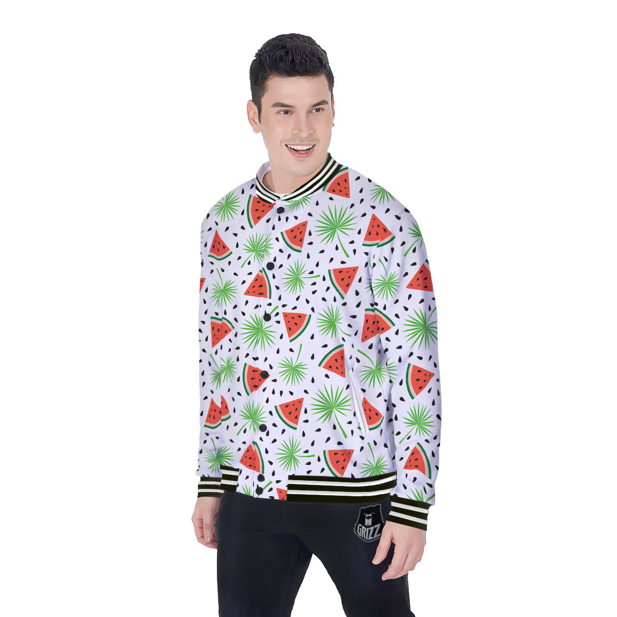 Palm Leaf Watermelon White Print Pattern Baseball Jacket-grizzshop