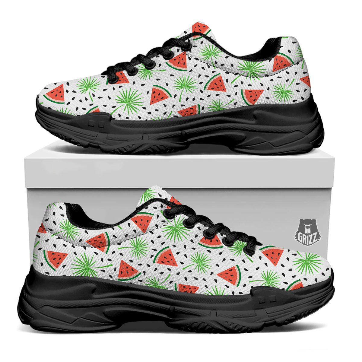 Palm Leaf Watermelon White Print Pattern Black Chunky Shoes-grizzshop