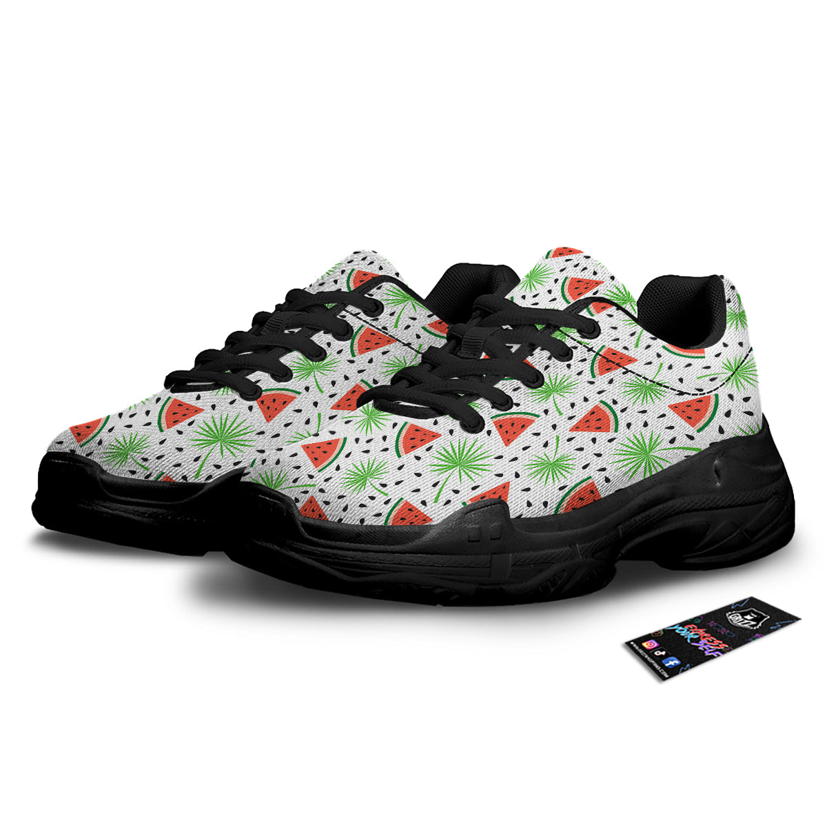 Palm Leaf Watermelon White Print Pattern Black Chunky Shoes-grizzshop