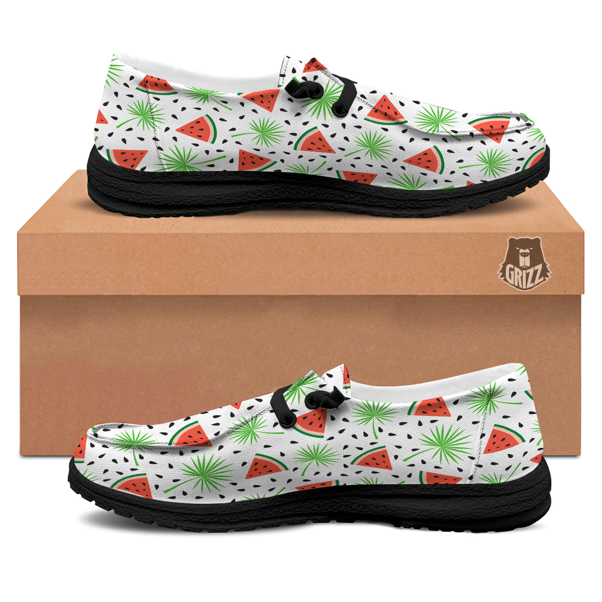 Palm Leaf Watermelon White Print Pattern Black Loafers-grizzshop