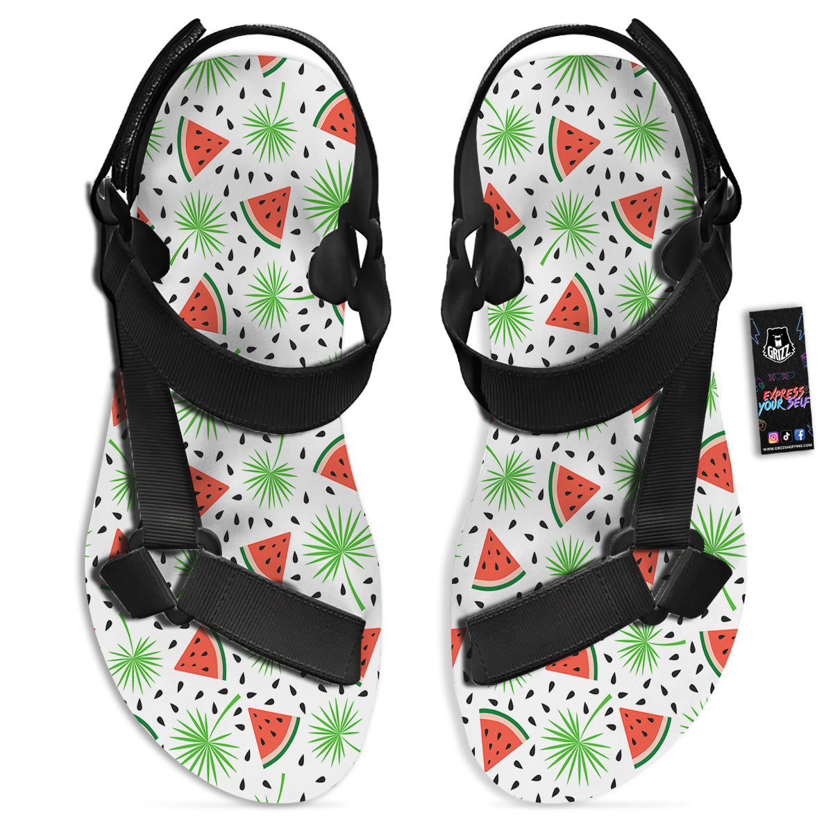 Palm Leaf Watermelon White Print Pattern Black Open Toe Sandals-grizzshop