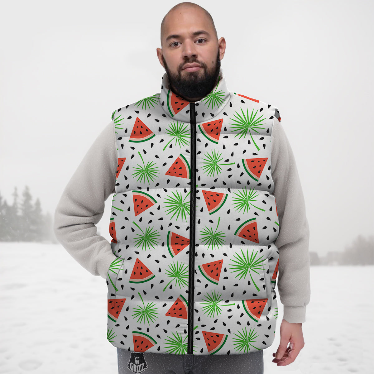 Palm Leaf Watermelon White Print Pattern Down Vest
