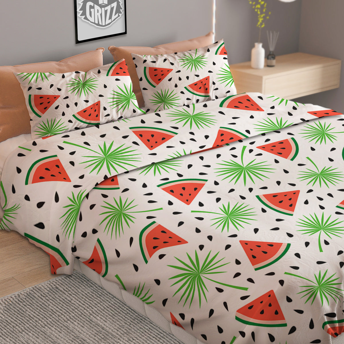 Palm Leaf Watermelon White Print Pattern Duvet Cover Bedding Set