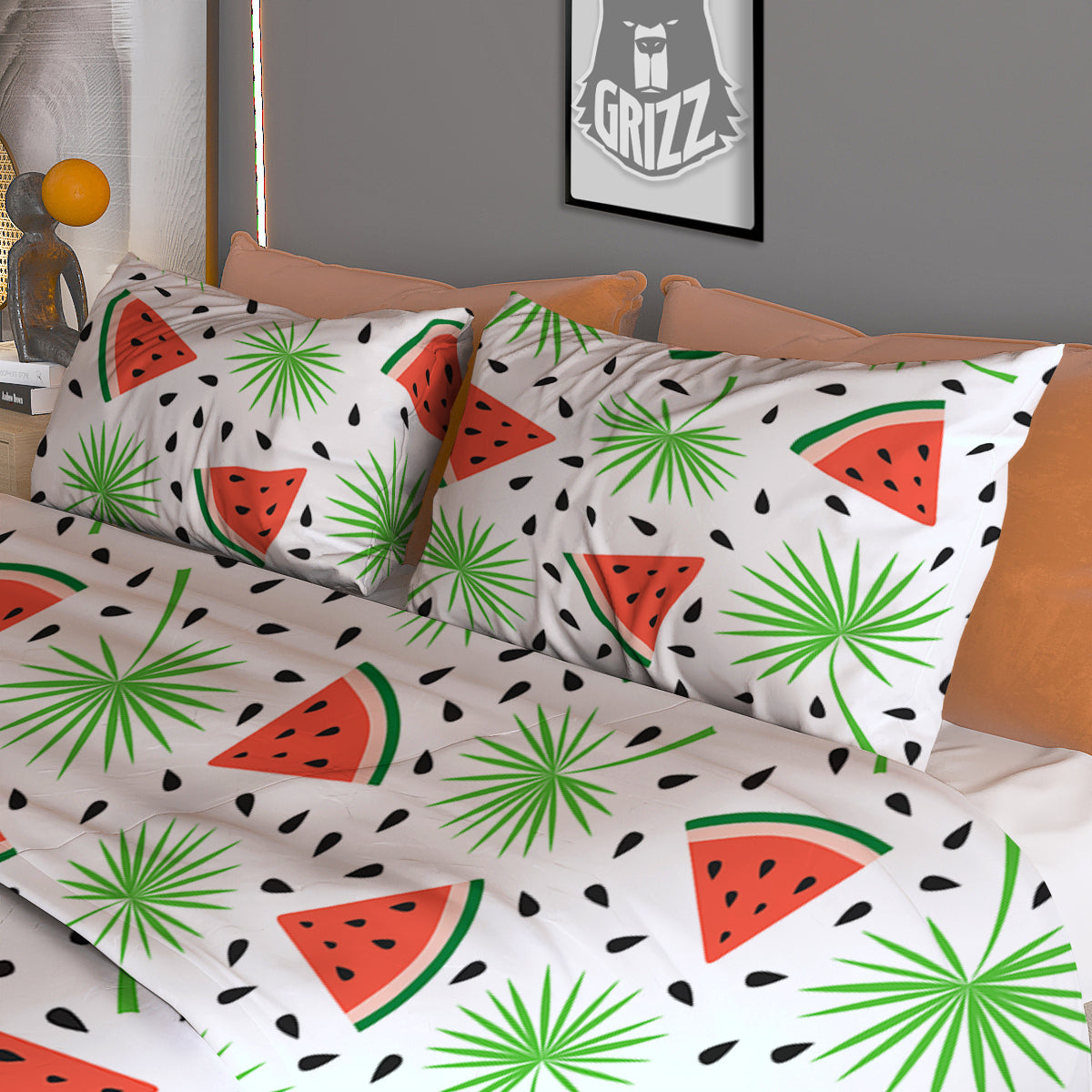 Palm Leaf Watermelon White Print Pattern Duvet Cover Bedding Set