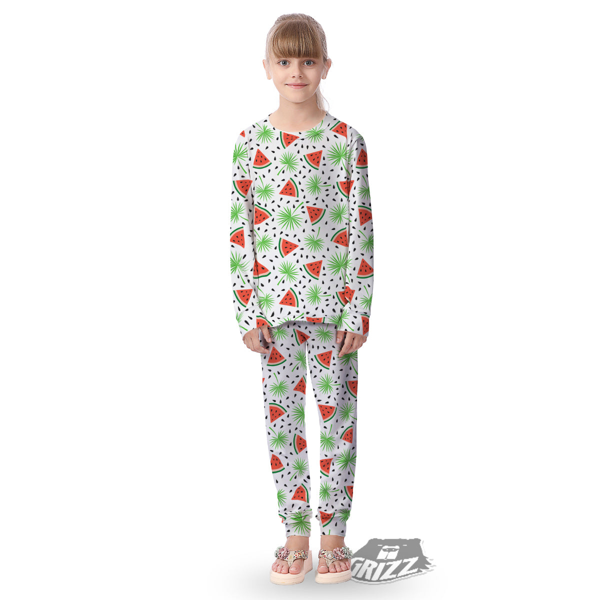 Palm Leaf Watermelon White Print Pattern Kid's Pajamas-grizzshop