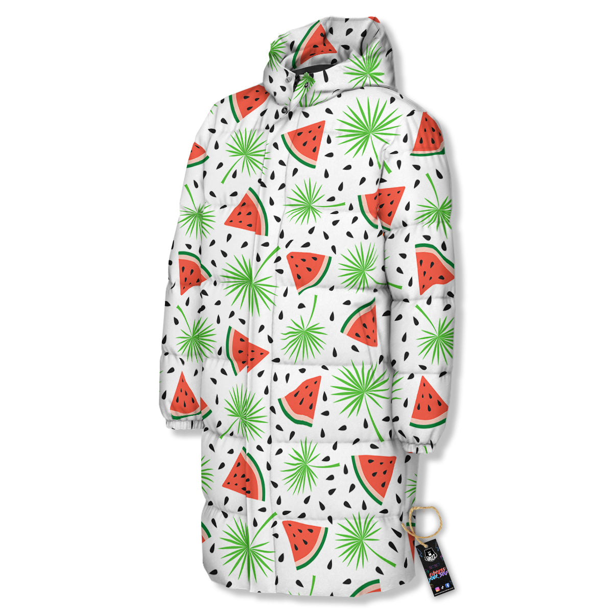 Palm Leaf Watermelon White Print Pattern Long Down Jacket-grizzshop
