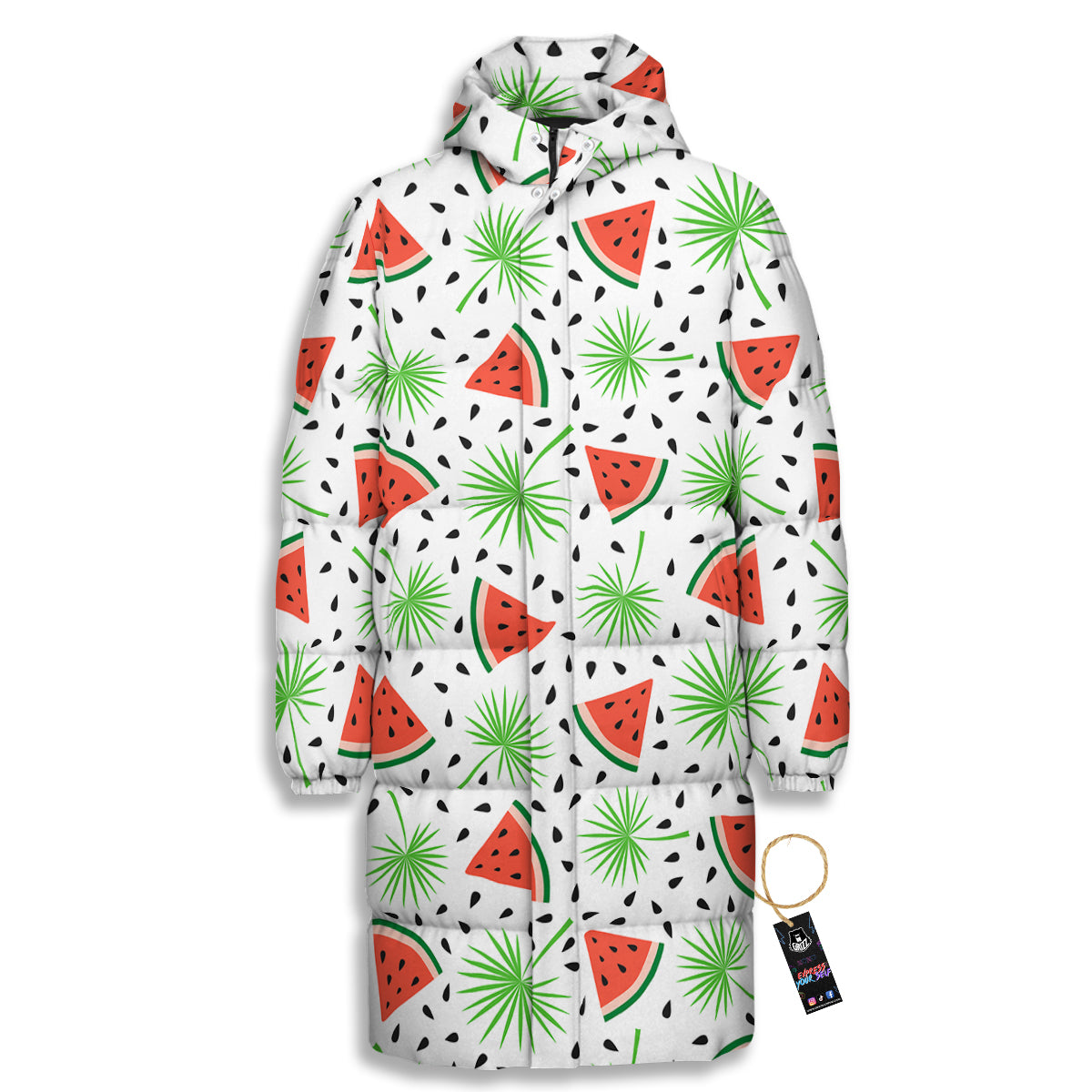 Palm Leaf Watermelon White Print Pattern Long Down Jacket-grizzshop