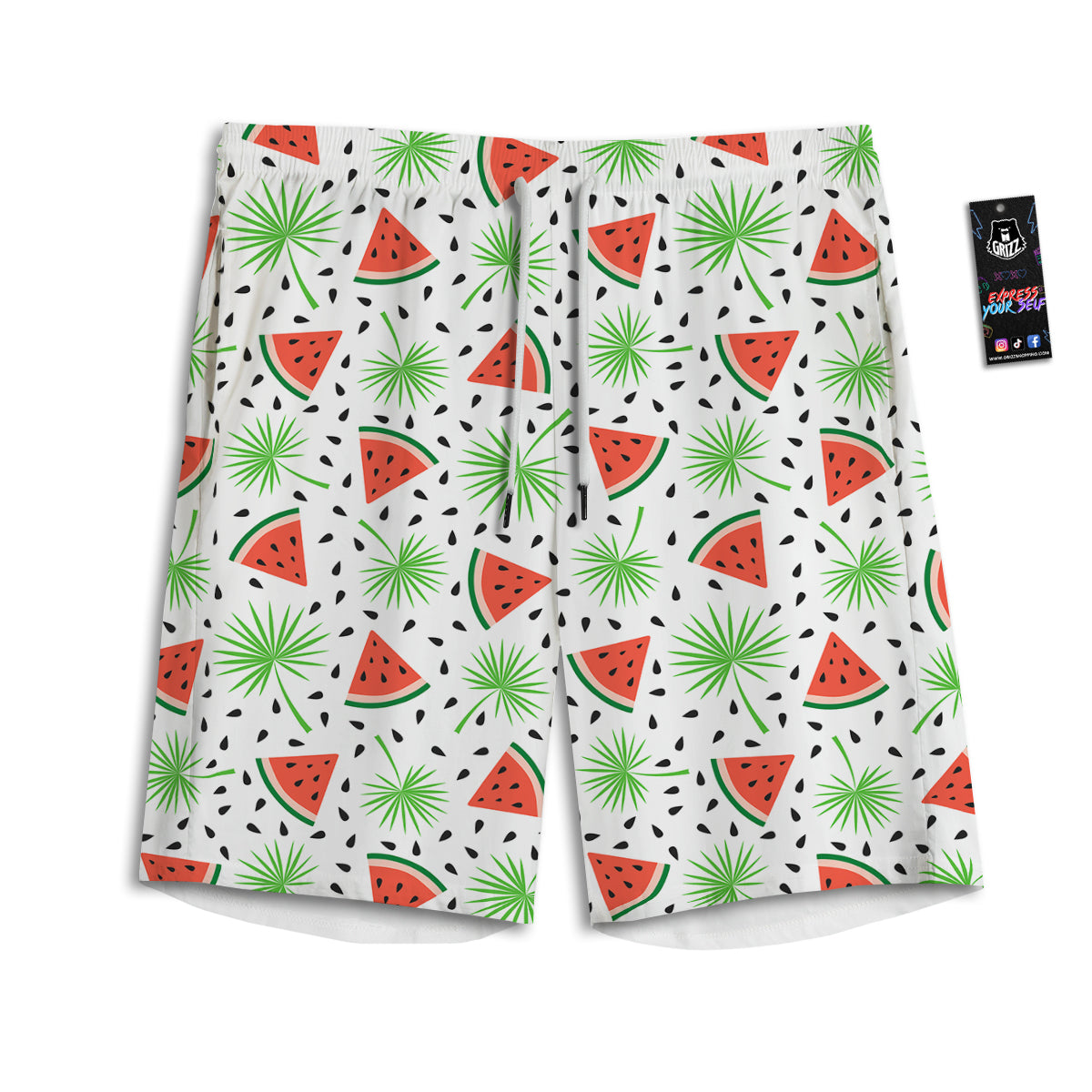 Palm Leaf Watermelon White Print Pattern Men's Athletic Shorts