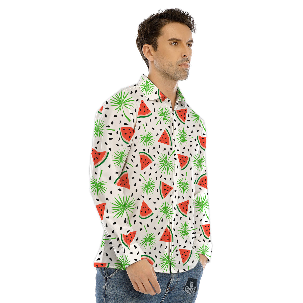 Palm Leaf Watermelon White Print Pattern Men's Dress Shirts-grizzshop