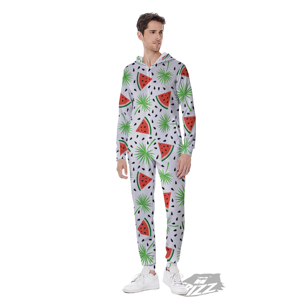 Palm Leaf Watermelon White Print Pattern Men's Jumpsuit-grizzshop