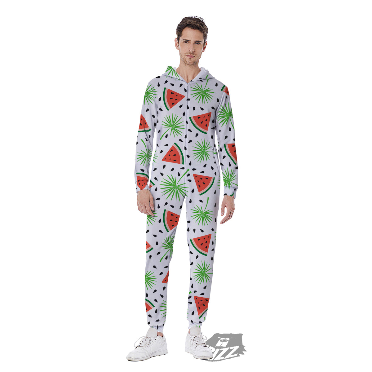 Palm Leaf Watermelon White Print Pattern Men's Jumpsuit-grizzshop