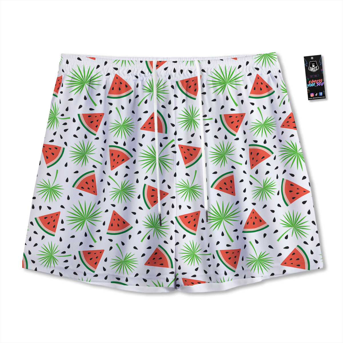 Palm Leaf Watermelon White Print Pattern Mesh Shorts