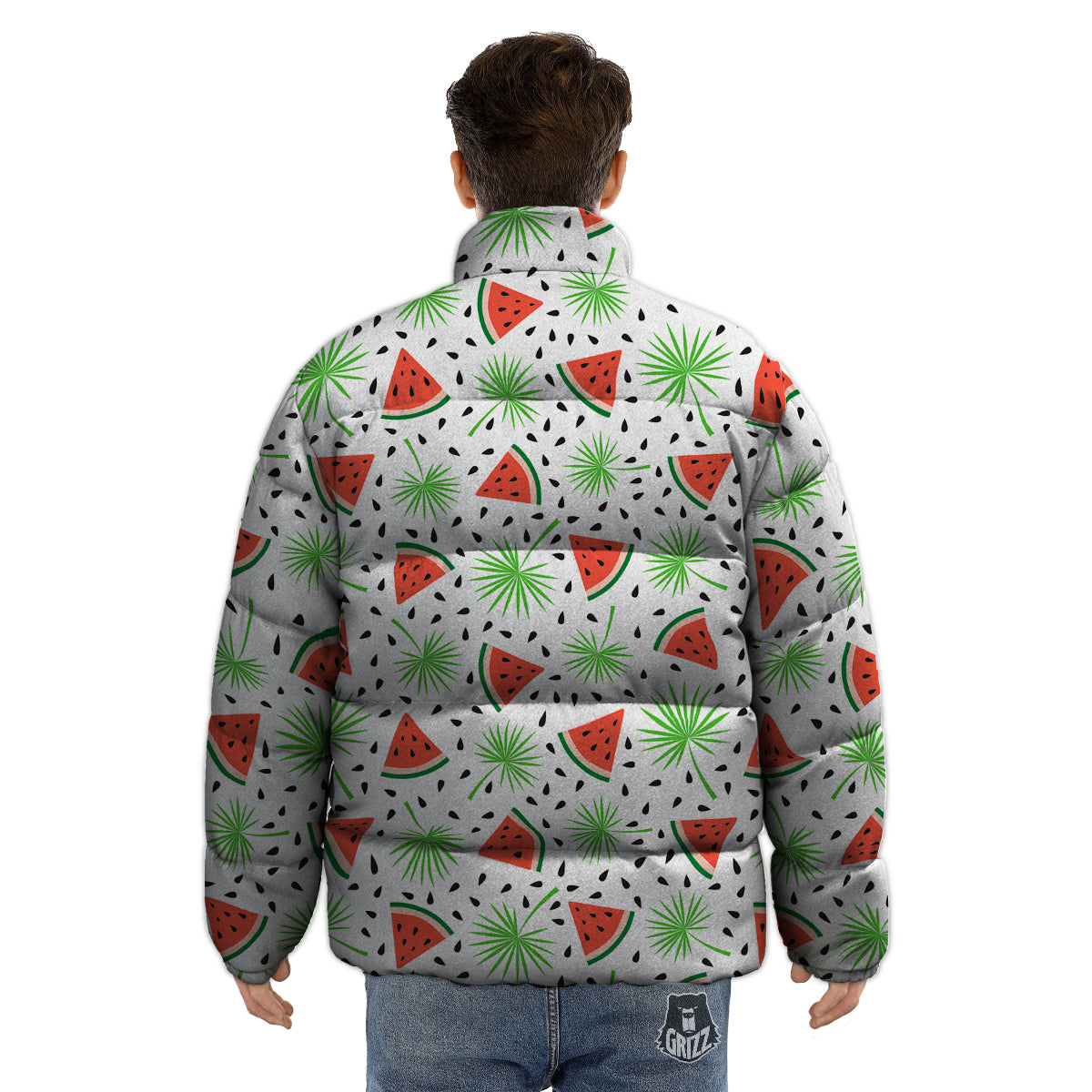 Palm Leaf Watermelon White Print Pattern Puffer Jacket-grizzshop
