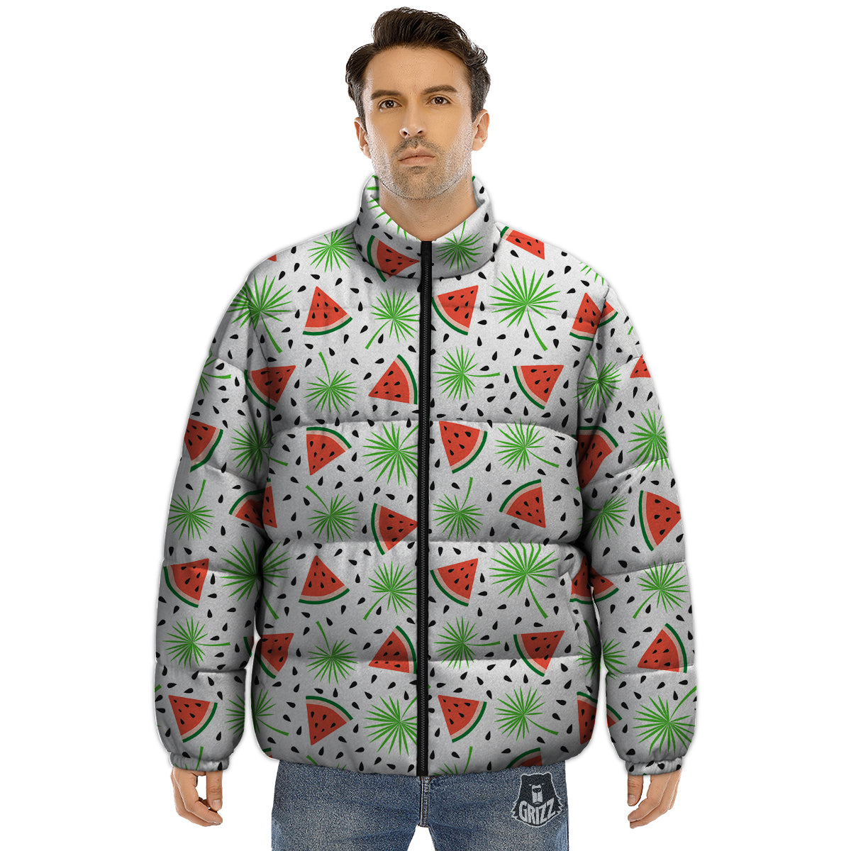Palm Leaf Watermelon White Print Pattern Puffer Jacket-grizzshop