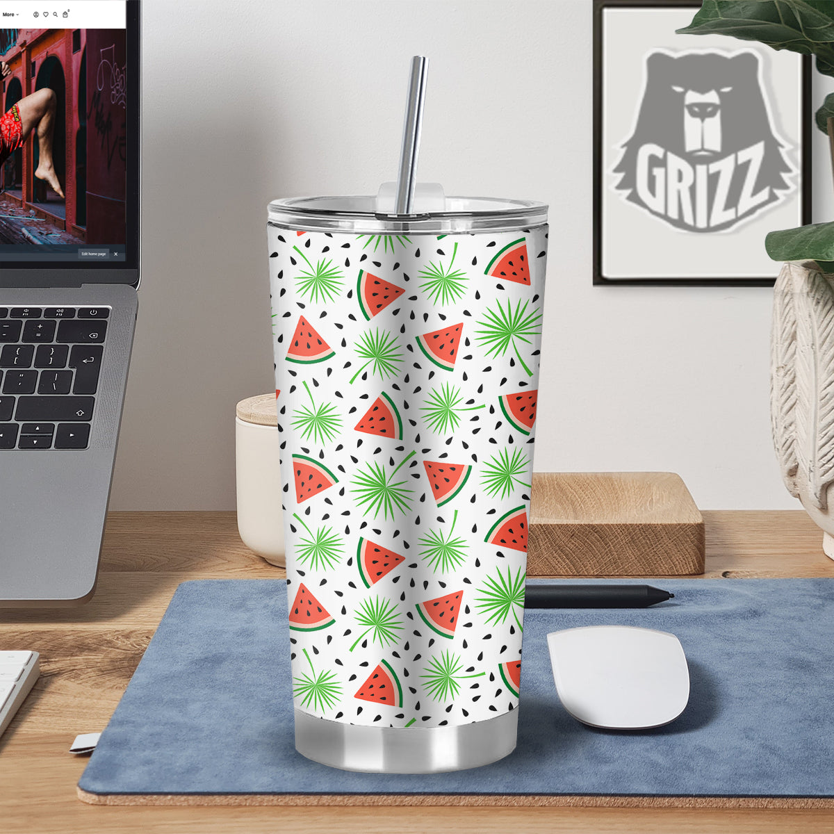 Palm Leaf Watermelon White Print Pattern Tumbler-grizzshop