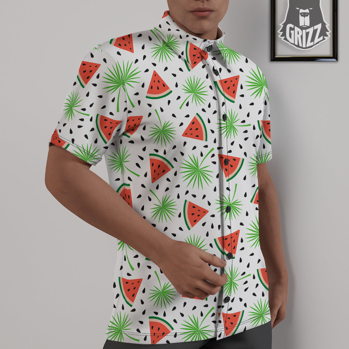 Palm Leaf Watermelon White Print Pattern Untucked Shirts-grizzshop