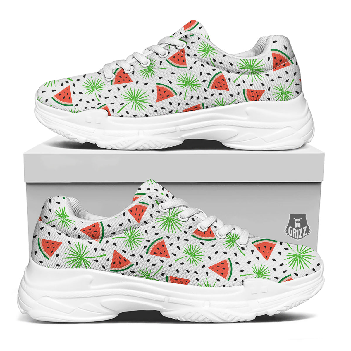 Palm Leaf Watermelon White Print Pattern White Chunky Shoes-grizzshop