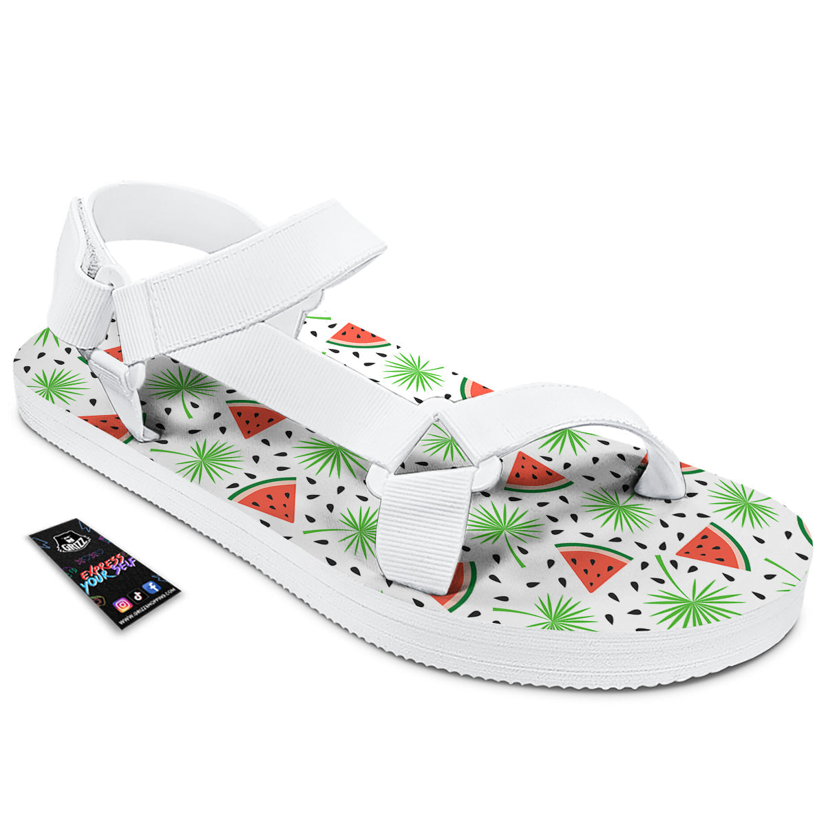Palm Leaf Watermelon White Print Pattern White Open Toe Sandals-grizzshop