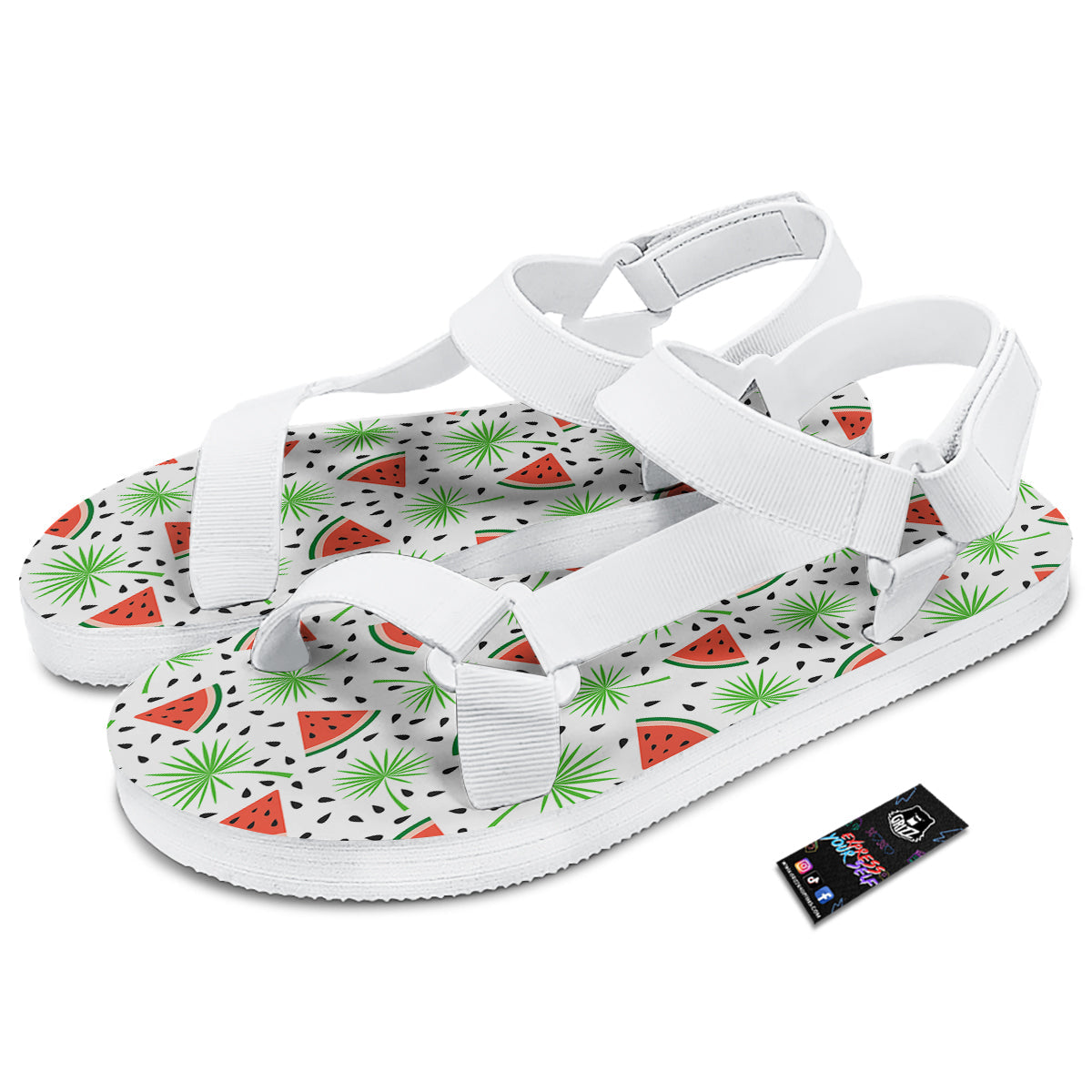 Palm Leaf Watermelon White Print Pattern White Open Toe Sandals-grizzshop