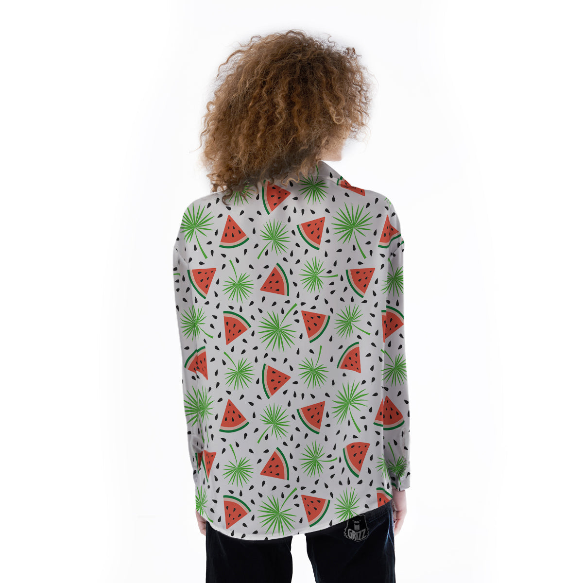 Palm Leaf Watermelon White Print Pattern Women's Long Sleeve Shirts-grizzshop