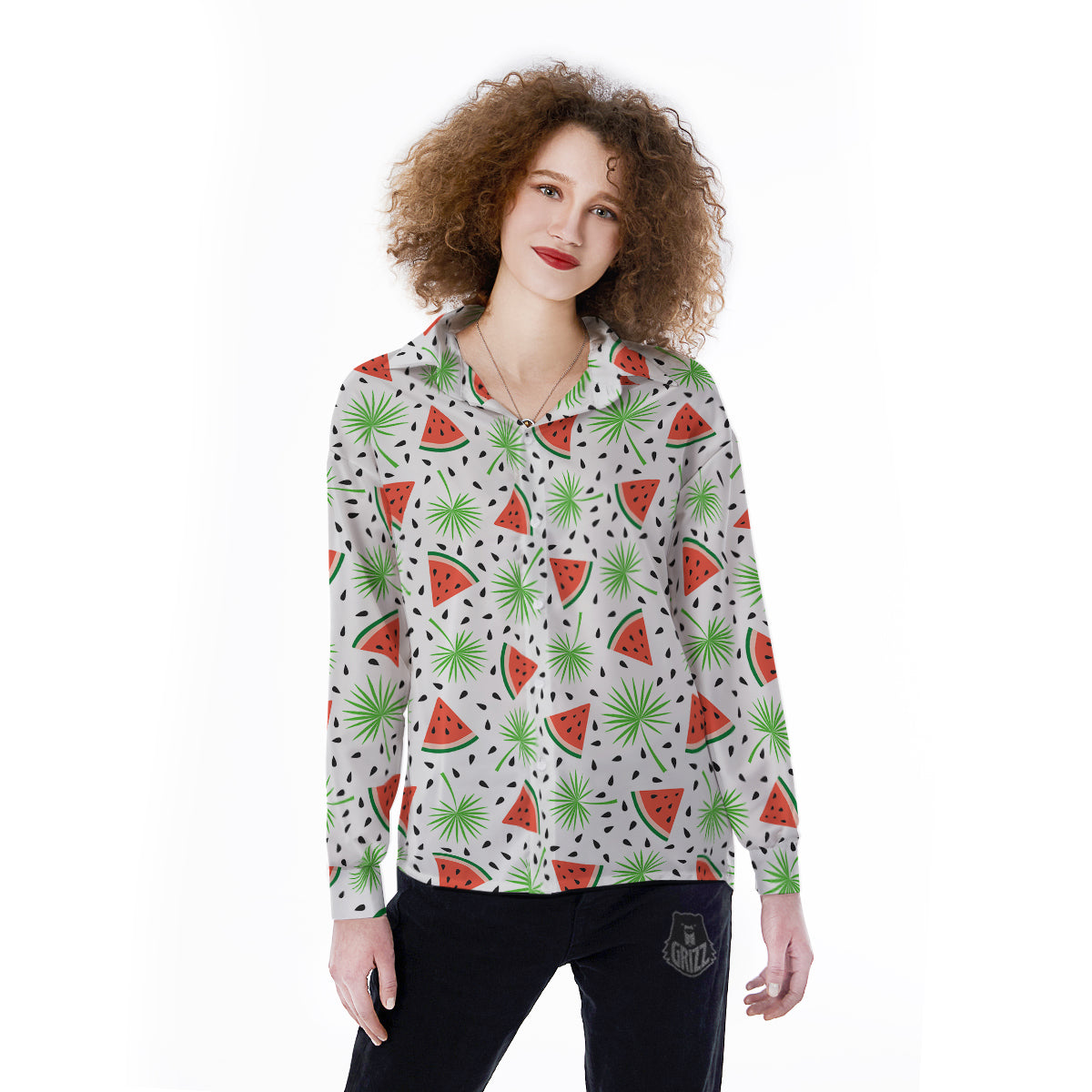 Palm Leaf Watermelon White Print Pattern Women's Long Sleeve Shirts-grizzshop