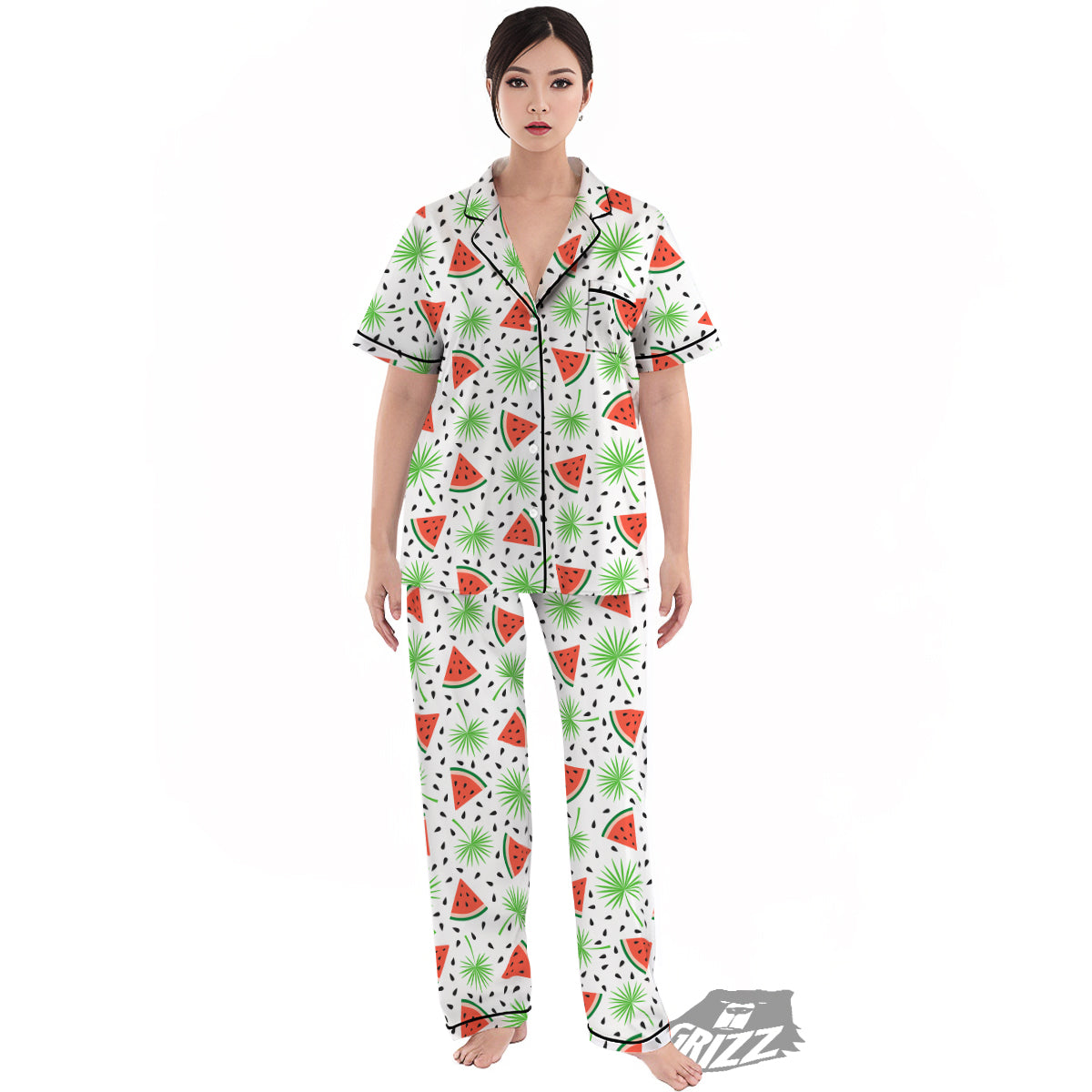 Palm Leaf Watermelon White Print Pattern Women's Pajamas Set-grizzshop