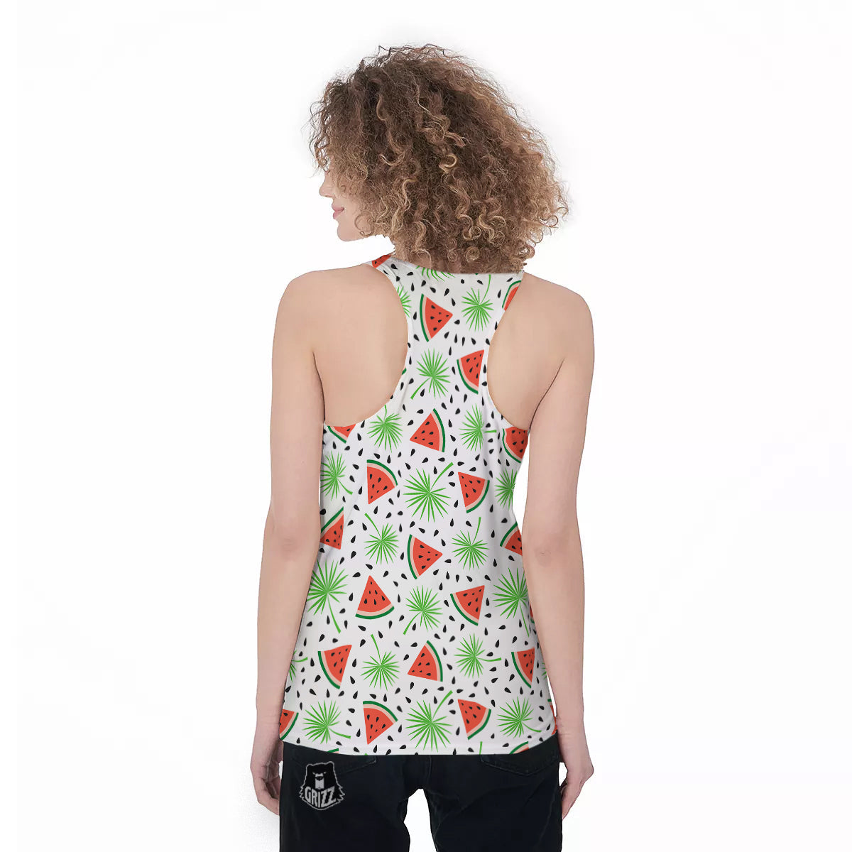 Palm Leaf Watermelon White Print Pattern Women's Racerback Tank Top-grizzshop