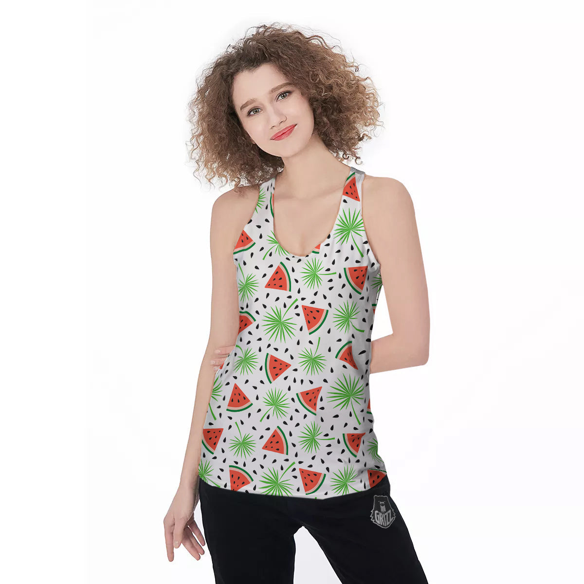 Palm Leaf Watermelon White Print Pattern Women's Racerback Tank Top-grizzshop