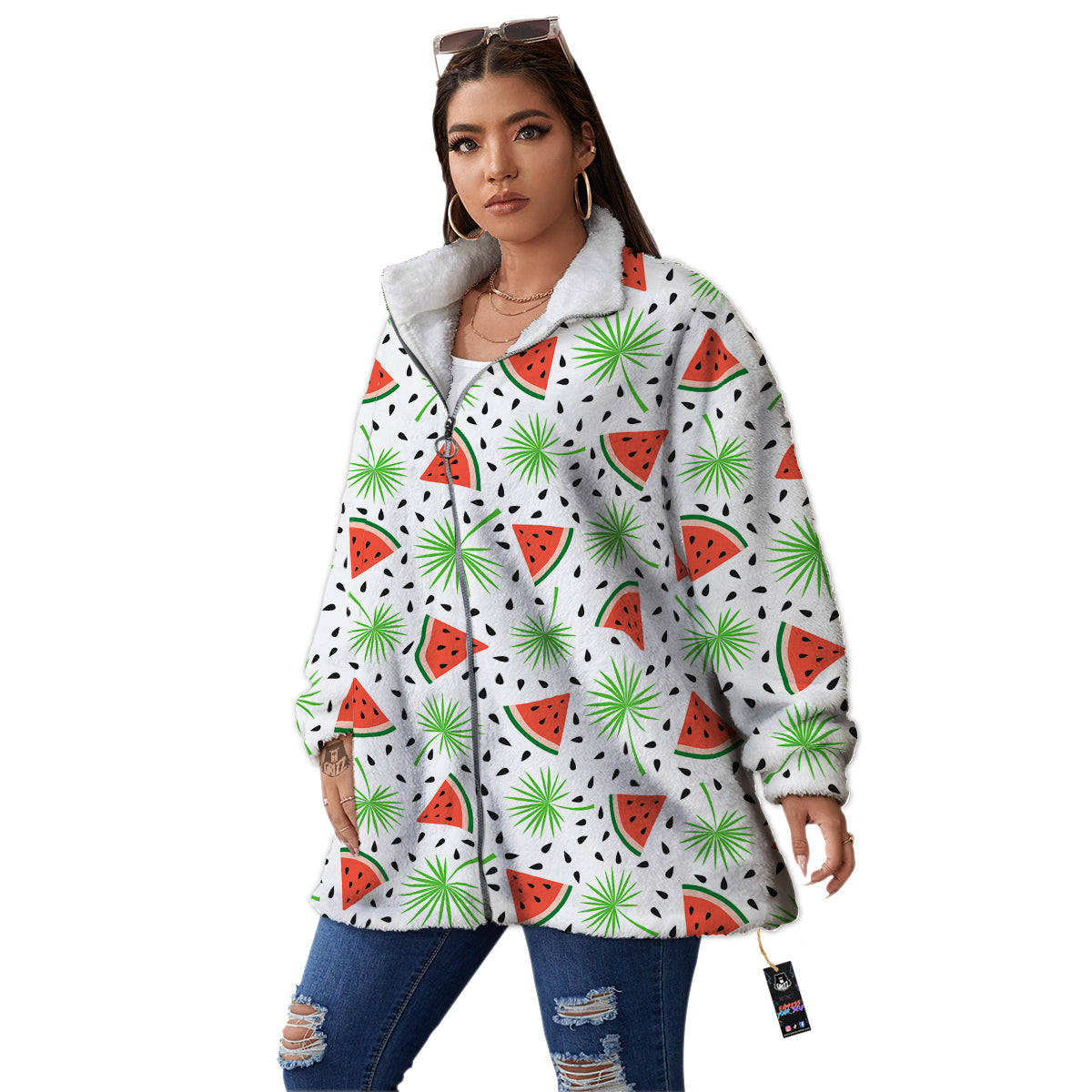 Palm Leaf Watermelon White Print Pattern Women's Sherpa Jacket-grizzshop
