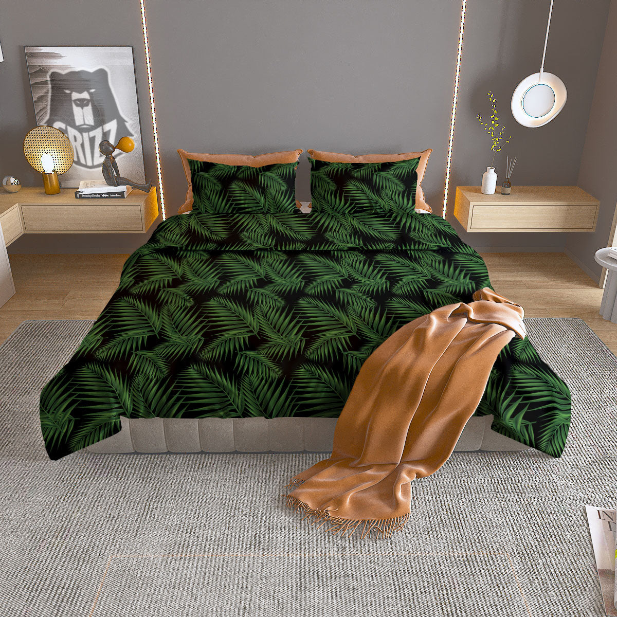 Palm Leave Night Tropical Print Pattern Duvet Cover Bedding Set-grizzshop