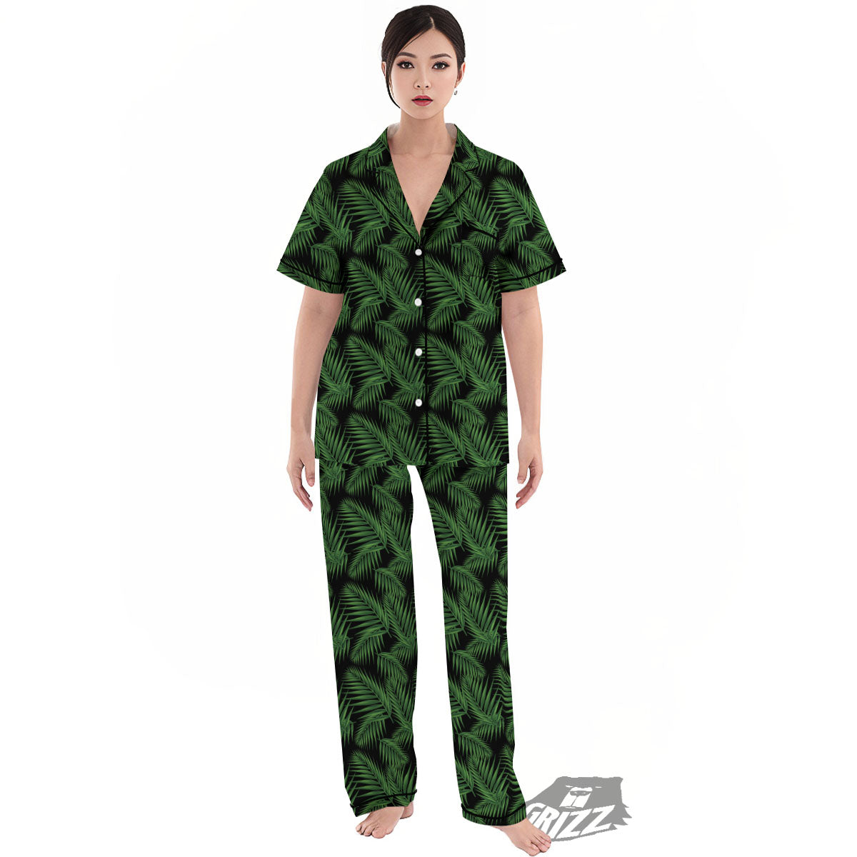 Palm Leave Night Tropical Print Pattern Women's Pajamas Set-grizzshop