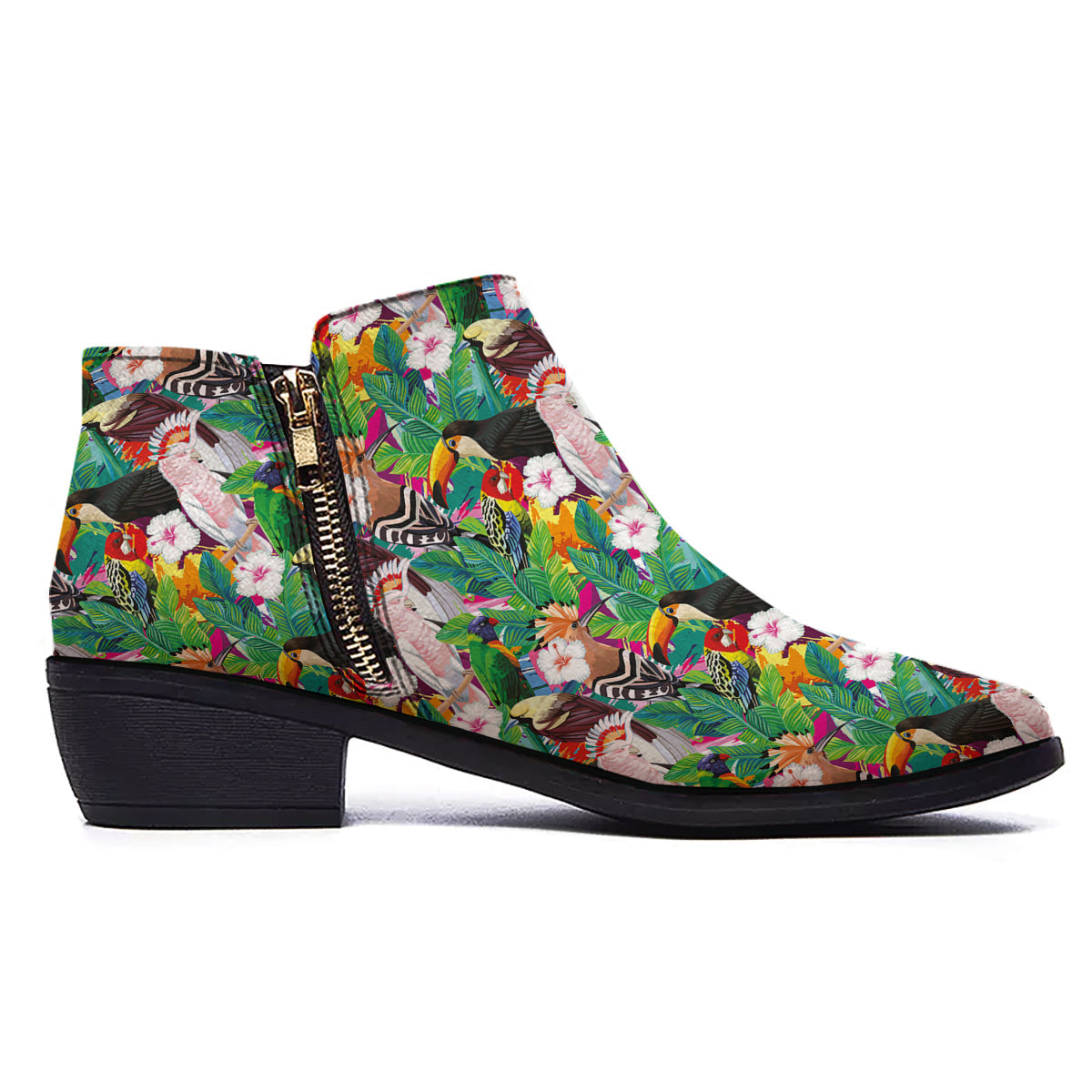 Palm Leaves And Bird Of Paradise Print Ankle Boots-grizzshop