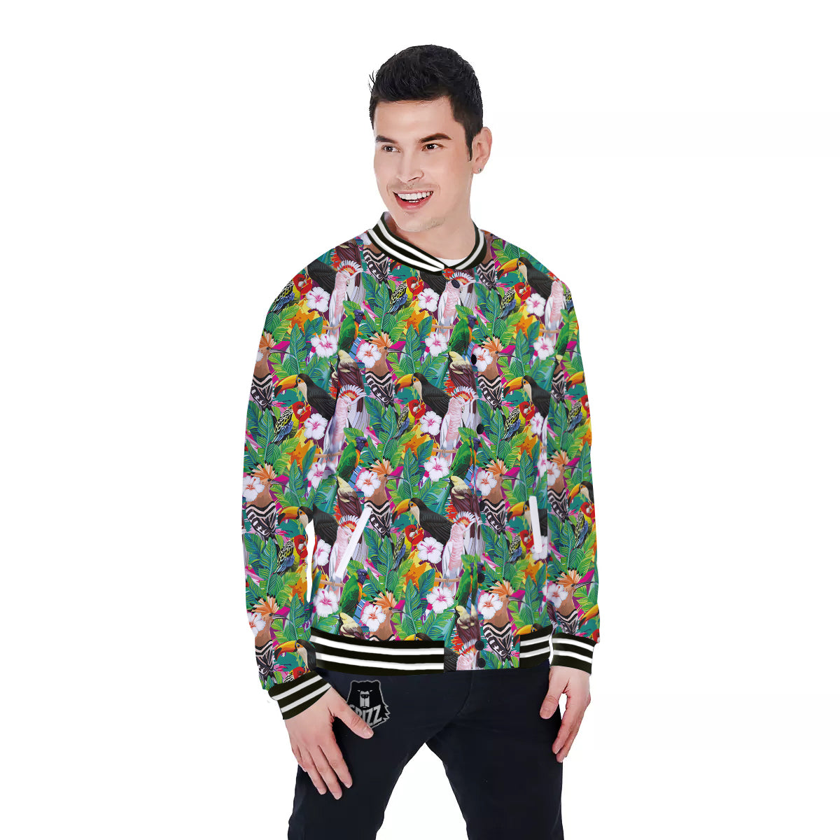 Palm Leaves And Bird Of Paradise Print Baseball Jacket-grizzshop
