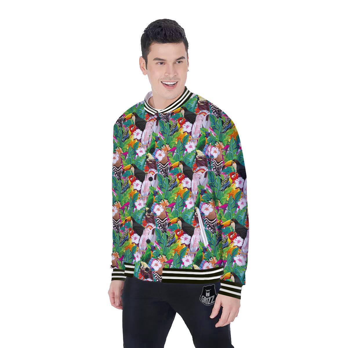 Palm Leaves And Bird Of Paradise Print Baseball Jacket-grizzshop