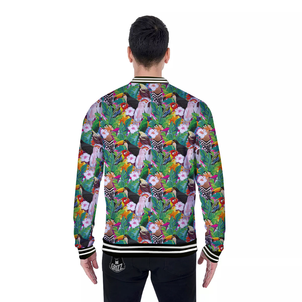 Palm Leaves And Bird Of Paradise Print Baseball Jacket-grizzshop