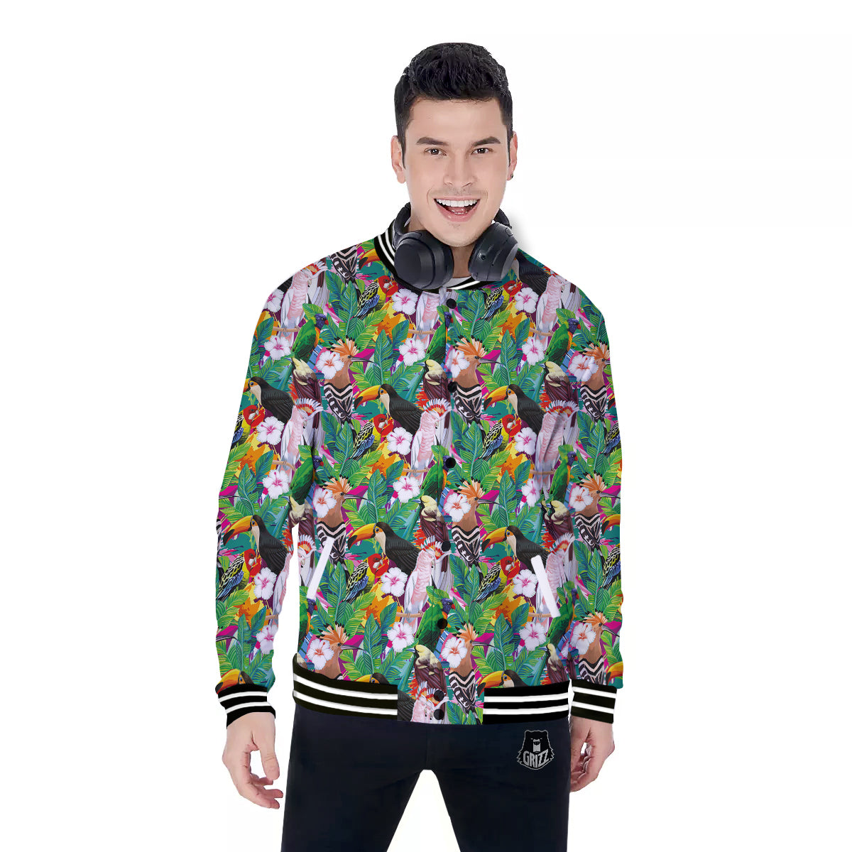 Palm Leaves And Bird Of Paradise Print Baseball Jacket-grizzshop