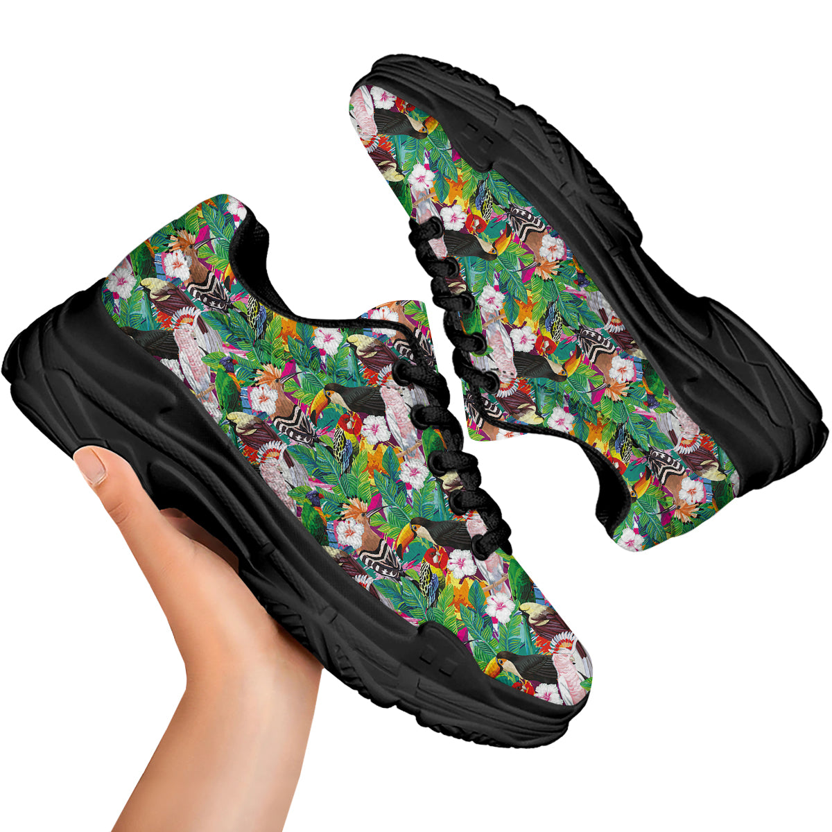Palm Leaves And Bird Of Paradise Print Black Chunky Shoes-grizzshop