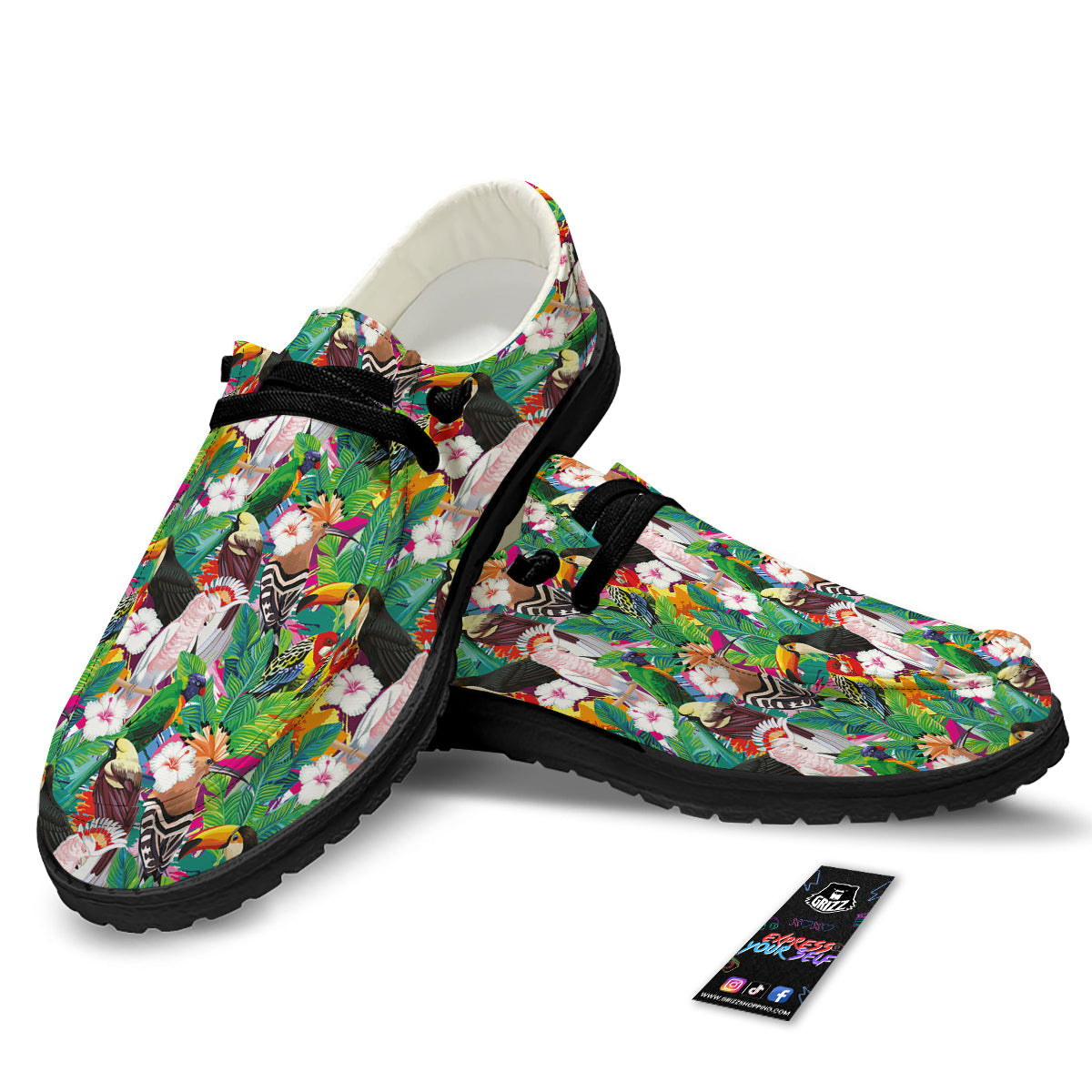 Palm Leaves And Bird Of Paradise Print Black Loafers-grizzshop