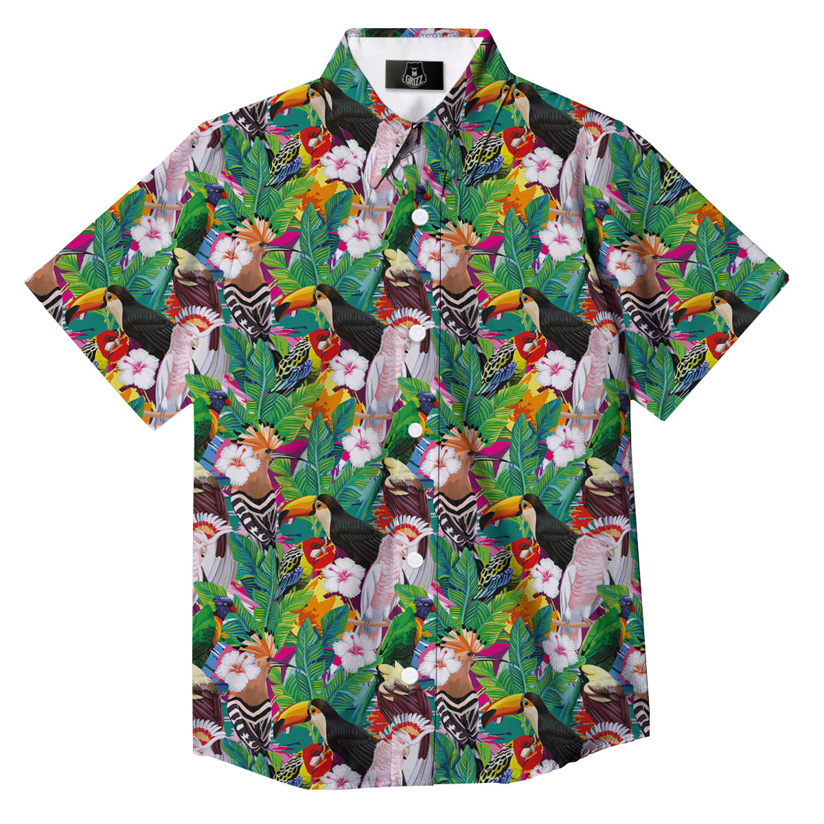 Palm Leaves And Bird Of Paradise Print Button Up Shirt-grizzshop