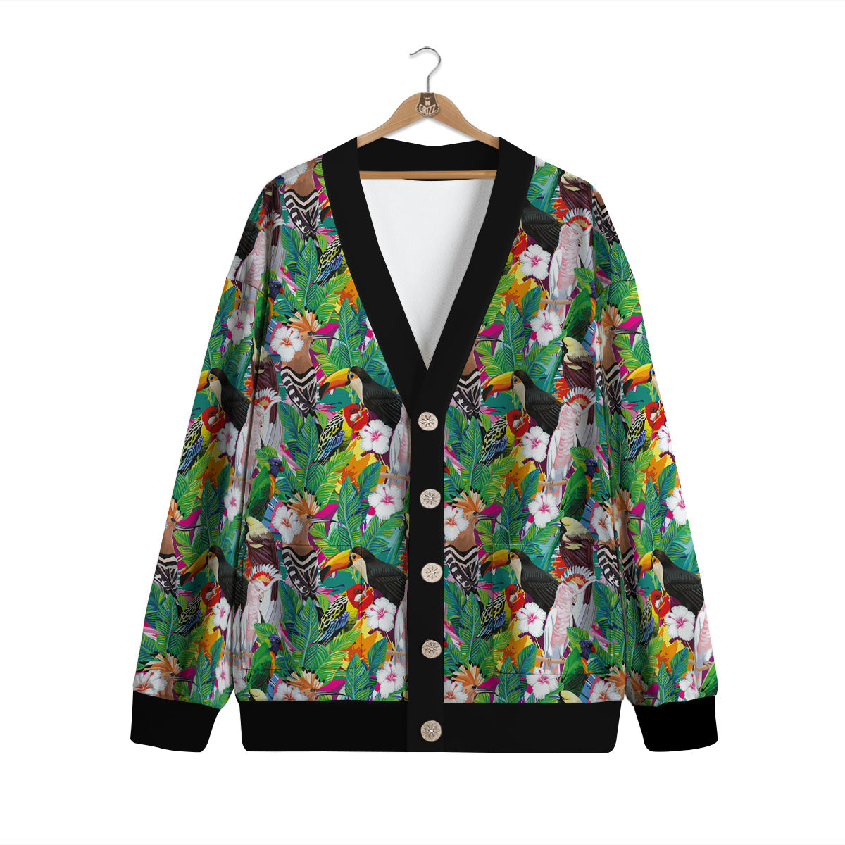 Palm Leaves And Bird Of Paradise Print Cardigan-grizzshop
