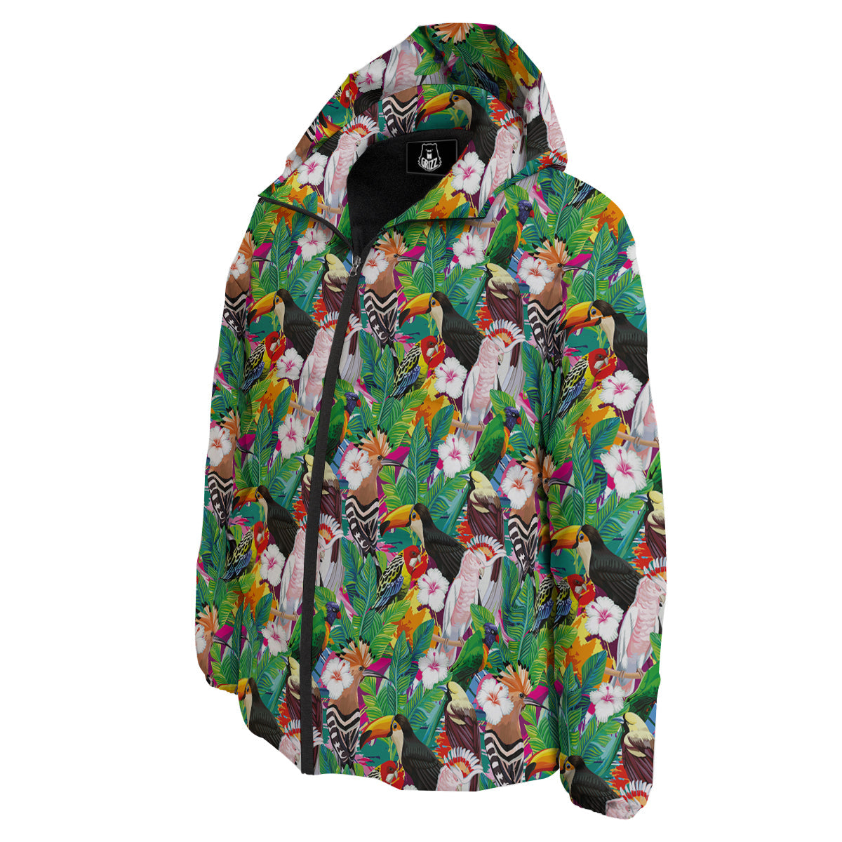 Palm Leaves And Bird Of Paradise Print Down Jacket-grizzshop
