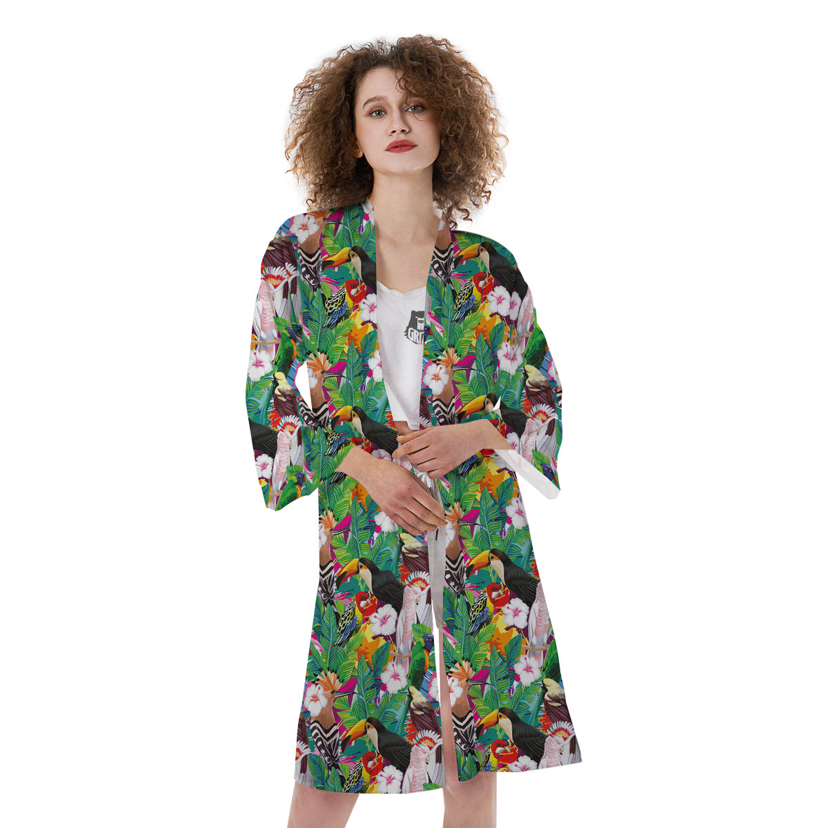 Palm Leaves And Bird Of Paradise Print Kimono-grizzshop