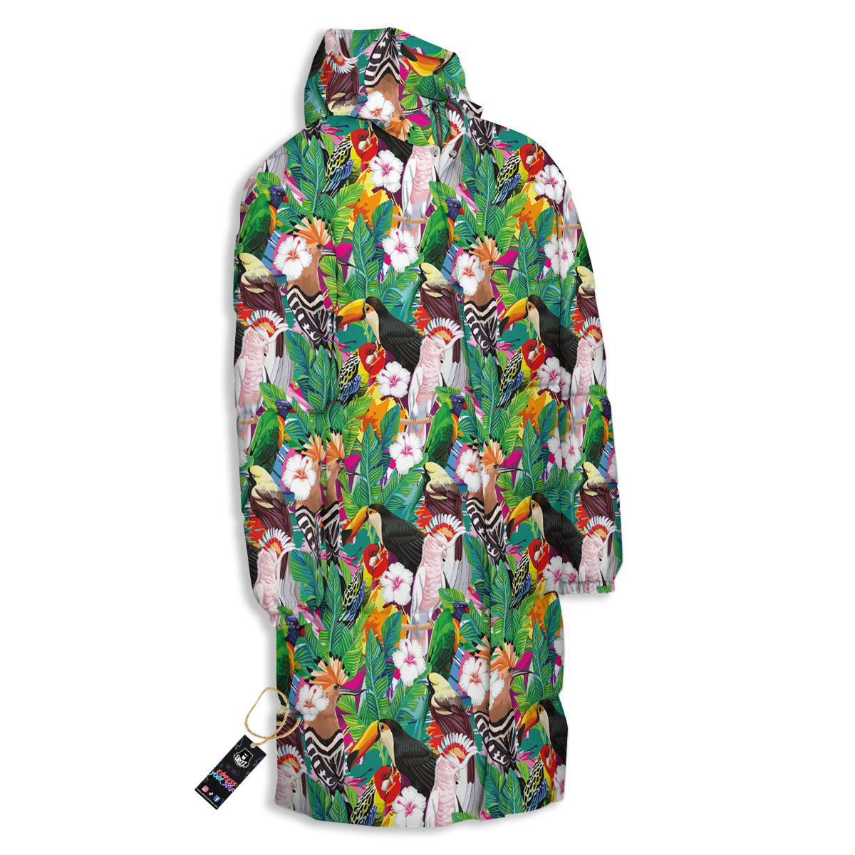 Palm Leaves And Bird Of Paradise Print Long Down Jacket-grizzshop