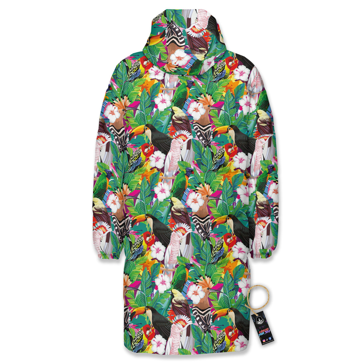 Palm Leaves And Bird Of Paradise Print Long Down Jacket-grizzshop