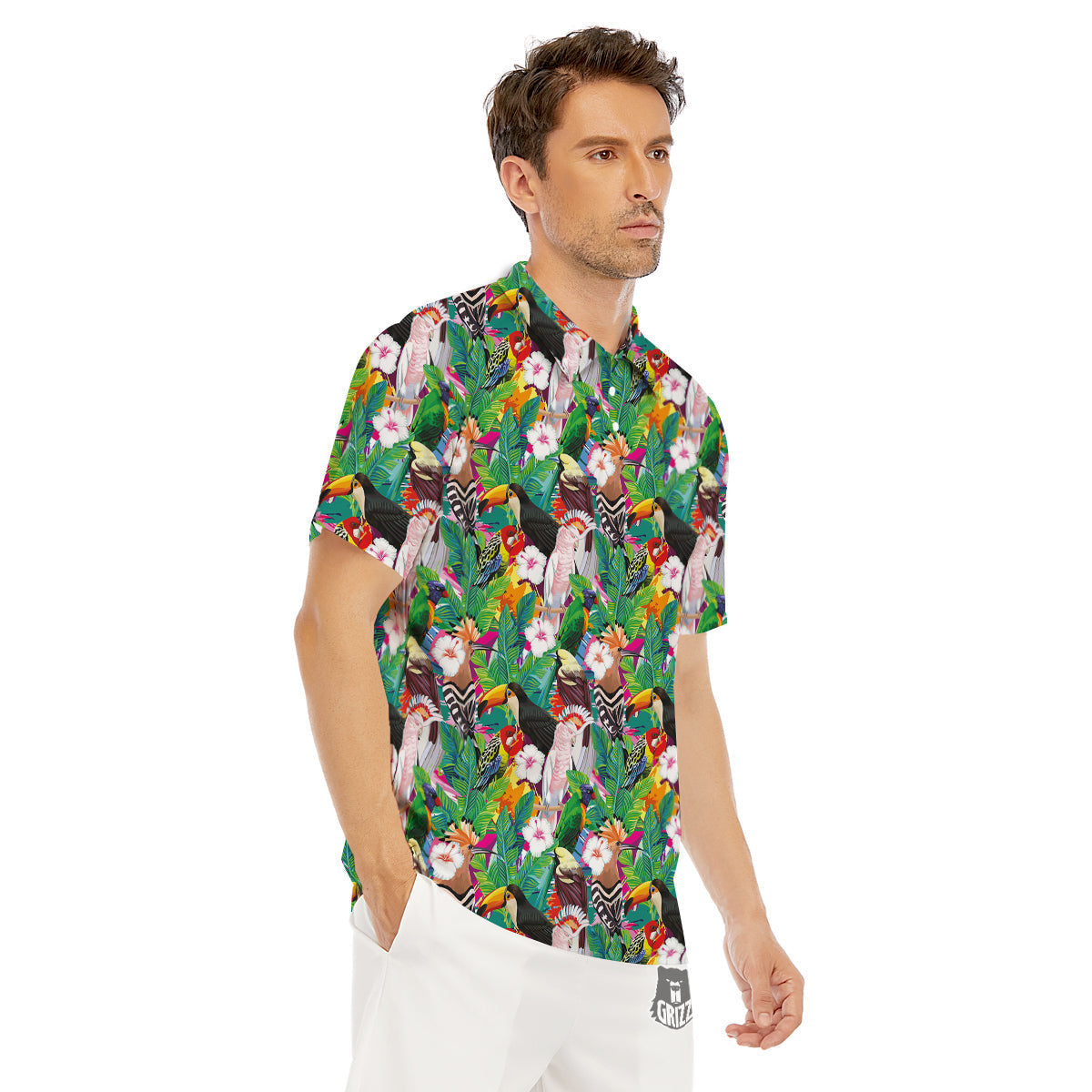 Palm Leaves And Bird Of Paradise Print Men's Golf Shirts-grizzshop