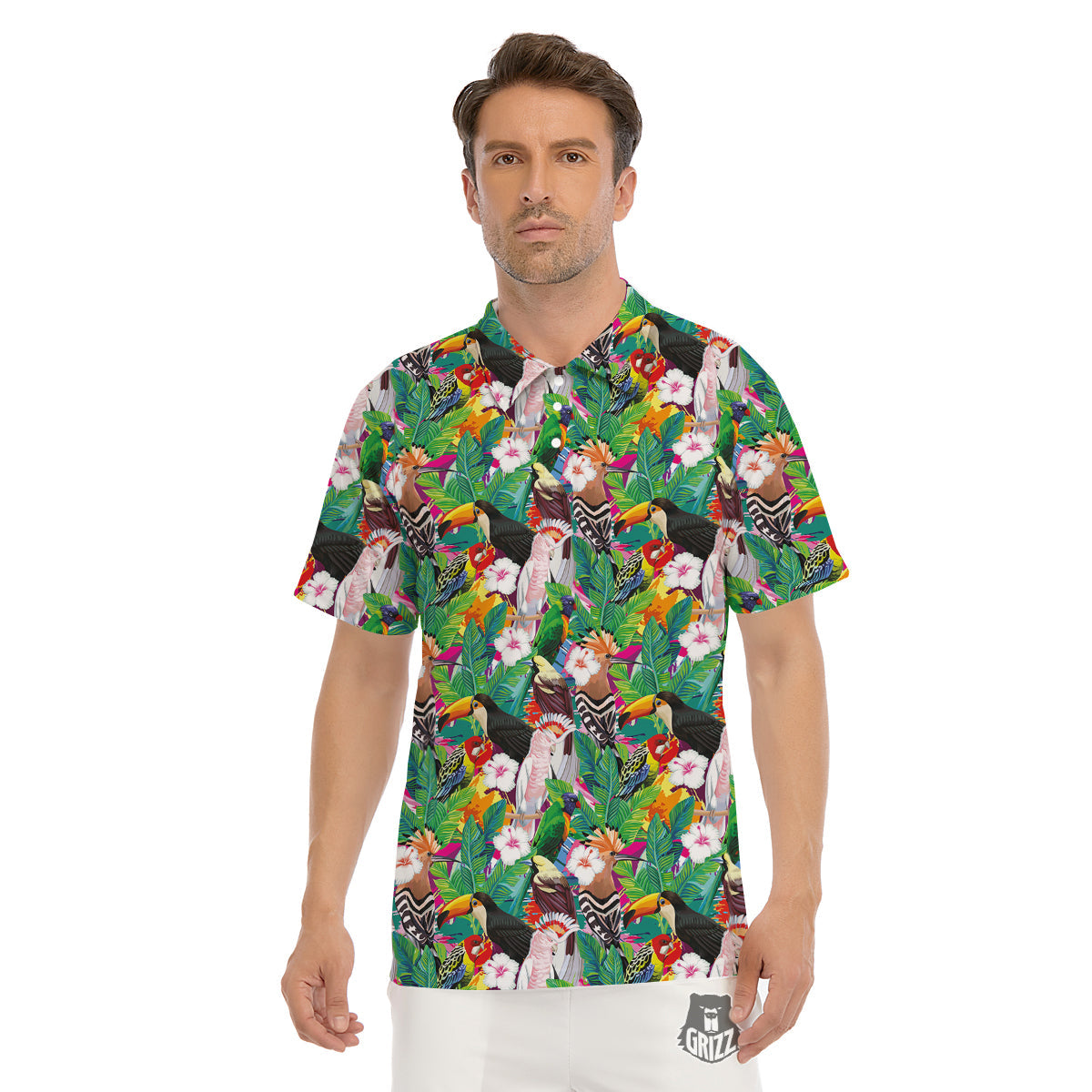 Palm Leaves And Bird Of Paradise Print Men's Golf Shirts-grizzshop