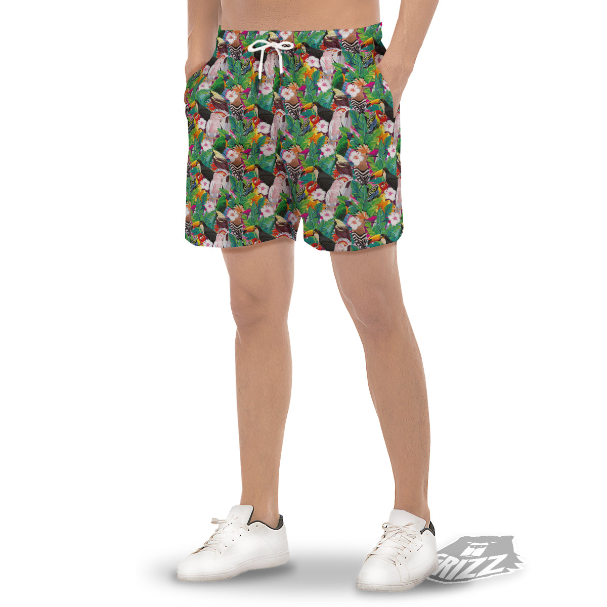 Palm Leaves And Bird Of Paradise Print Men's Gym Shorts-grizzshop