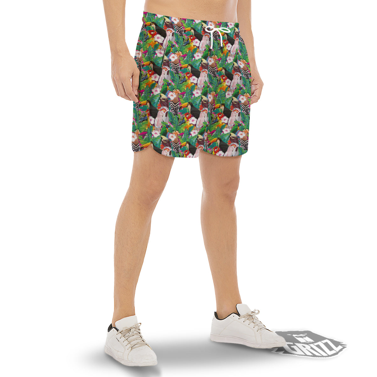 Palm Leaves And Bird Of Paradise Print Men's Gym Shorts-grizzshop